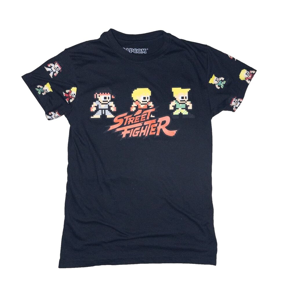Official Capcom Street Fighter T-Shirt Small S Black AOP Sleeves Pixel Art Retro